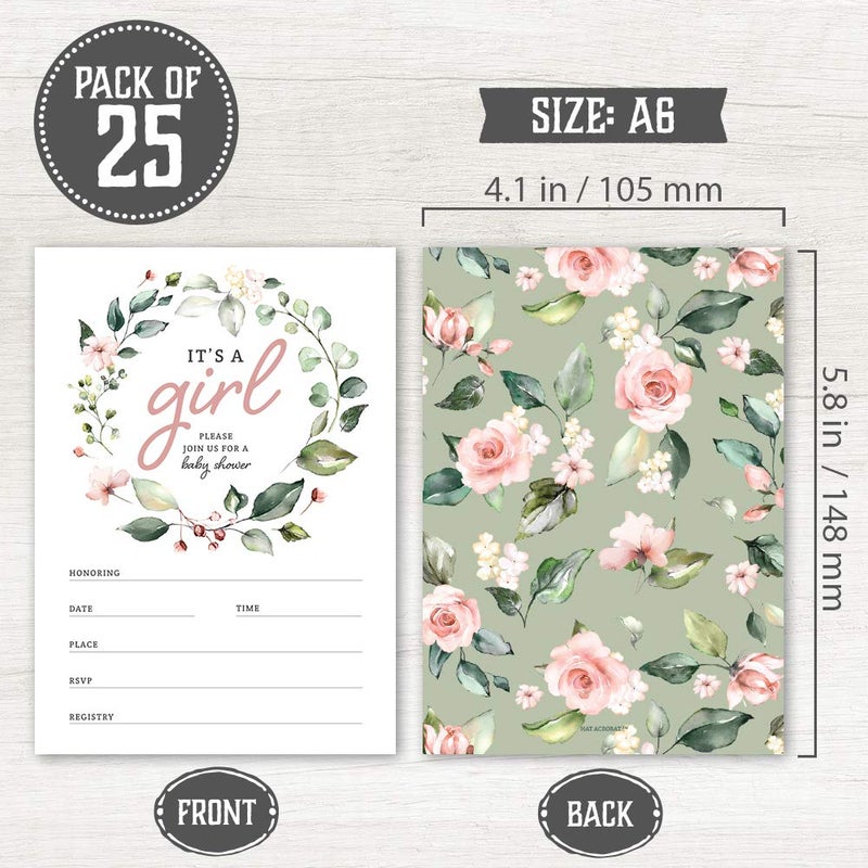 Hat Acrobat Set of 25 Baby Shower Invites for Girl - Floral Girl Baby Shower Invitations, Diaper Raffle Tickets, Book Request Cards and Envelopes - Blush Pink Boho Baby Shower Invitations for Girl - Image 2
